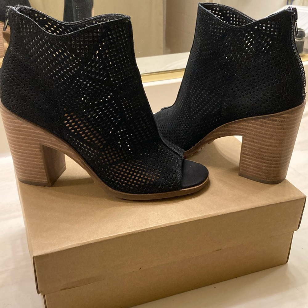 Lucky Brand Black Suede Peep Toe Booties With Back Zipper for Easy On And Off